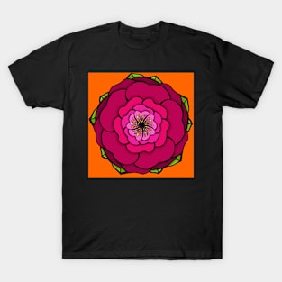 Graphic flower in red-pink tones on orange background T-Shirt